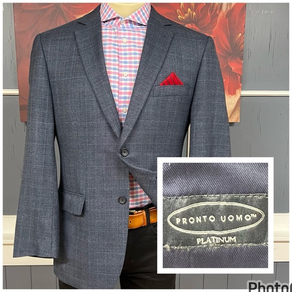 Pronto Uomo Sport Coat Blazer Jacket‎ Mens 42R Wool Rayon Blue Plaid Flannel - Picture 1 of 11